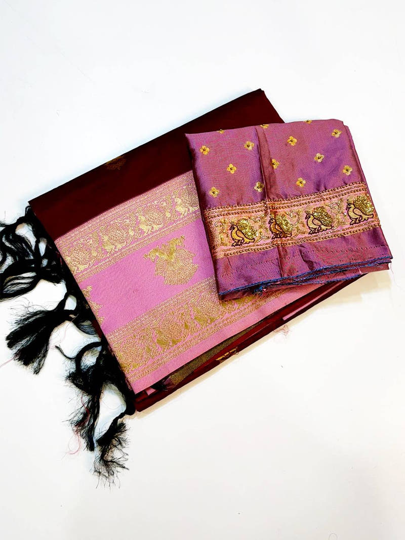 Brown Soft Gadwal Silk Saree With Maggam Blouse