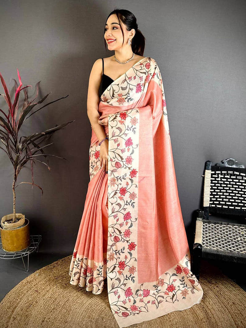 Stylish Floral Border Tussar Saree