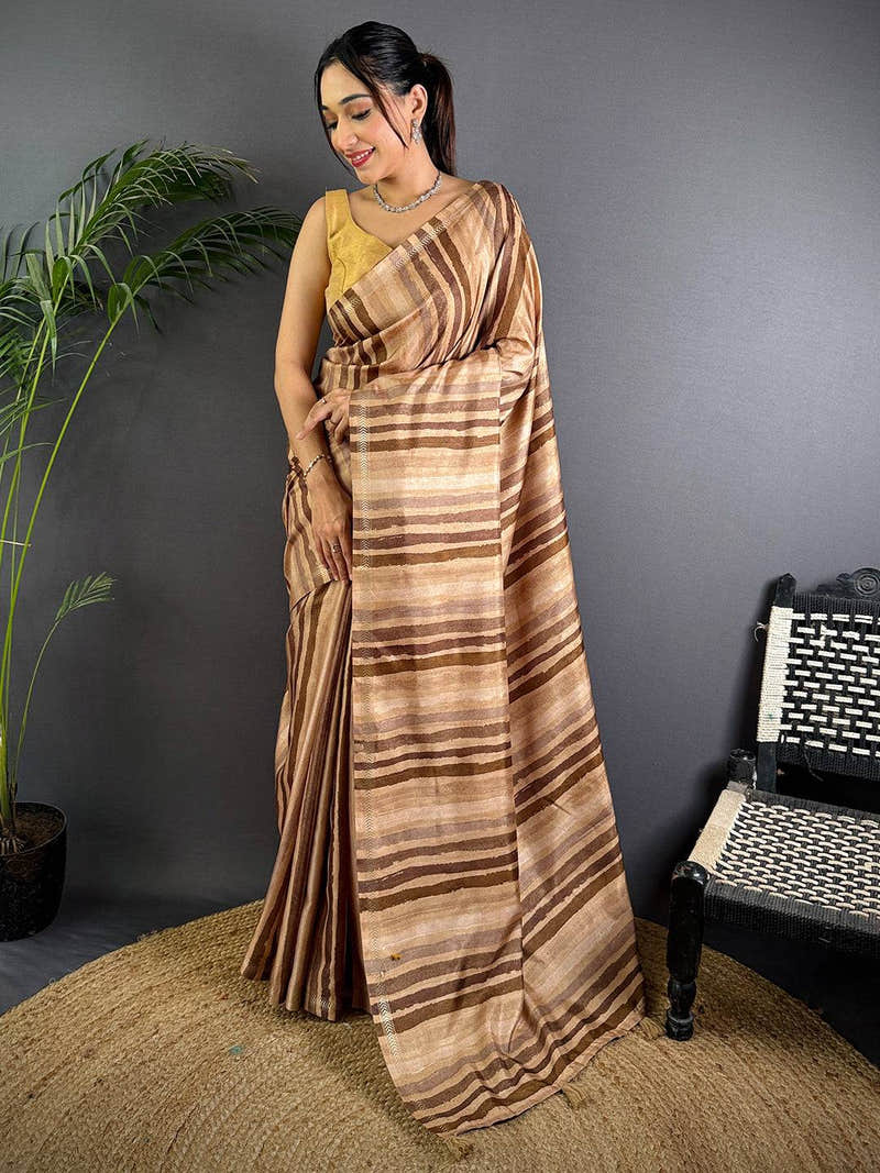Brown Tussar Ghicha Stripe Saree