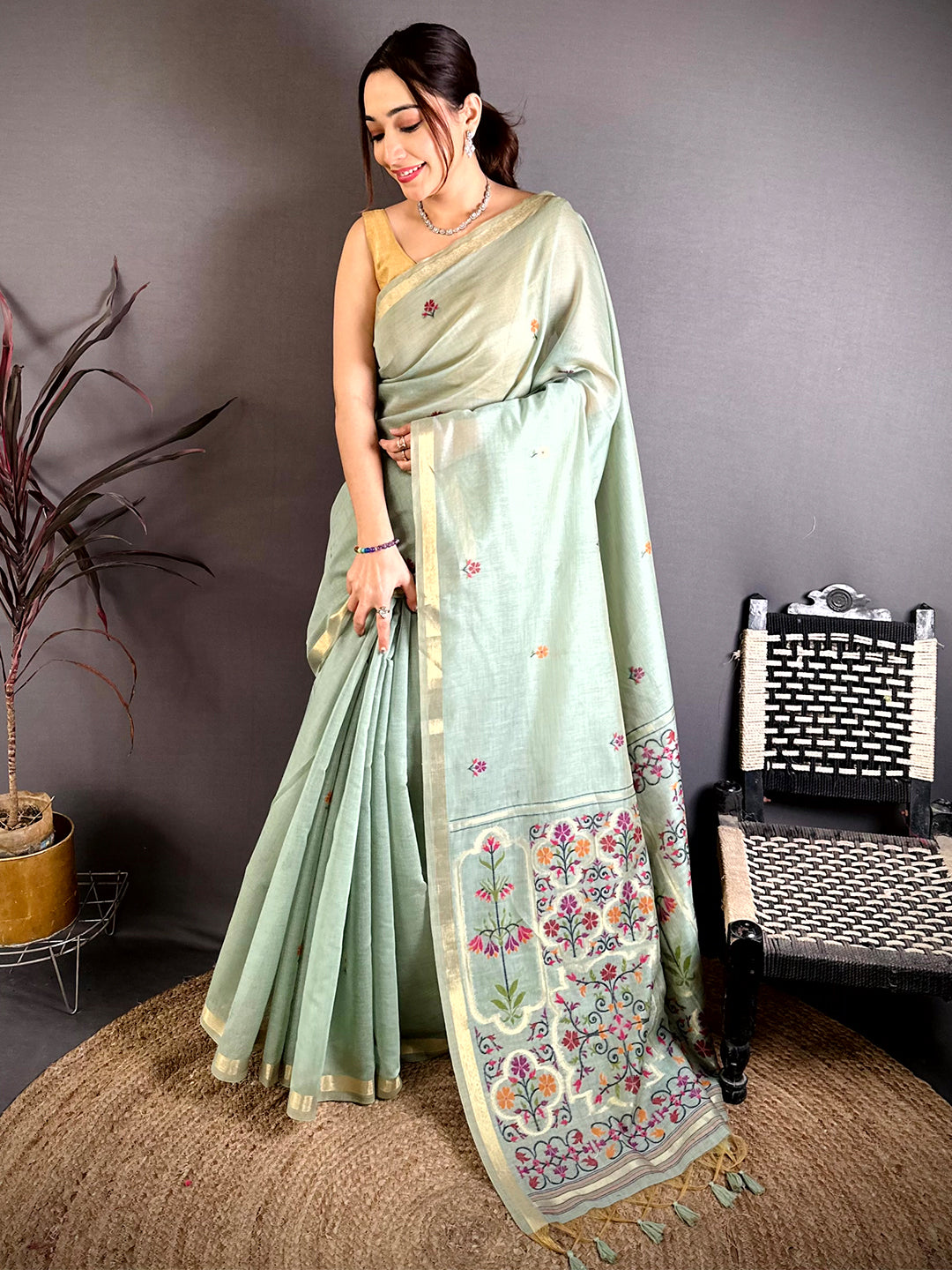 Sky Blue Minakari Khadi Cotton Saree