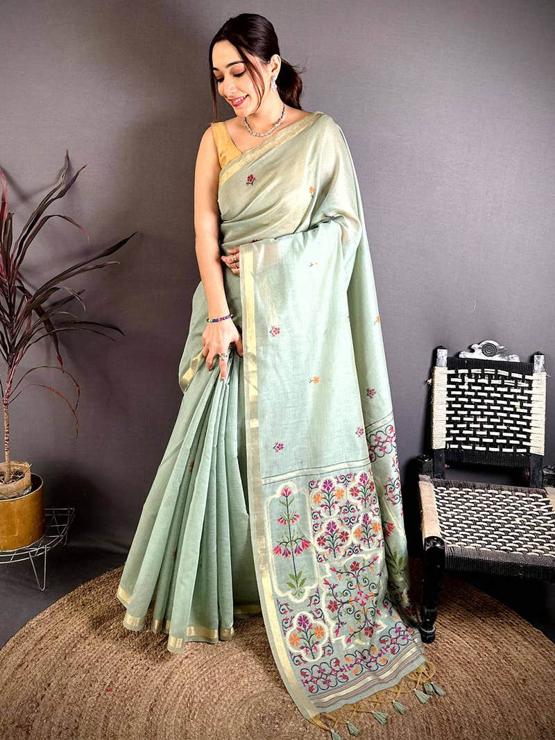 Sky Blue Minakari Khadi Cotton Saree