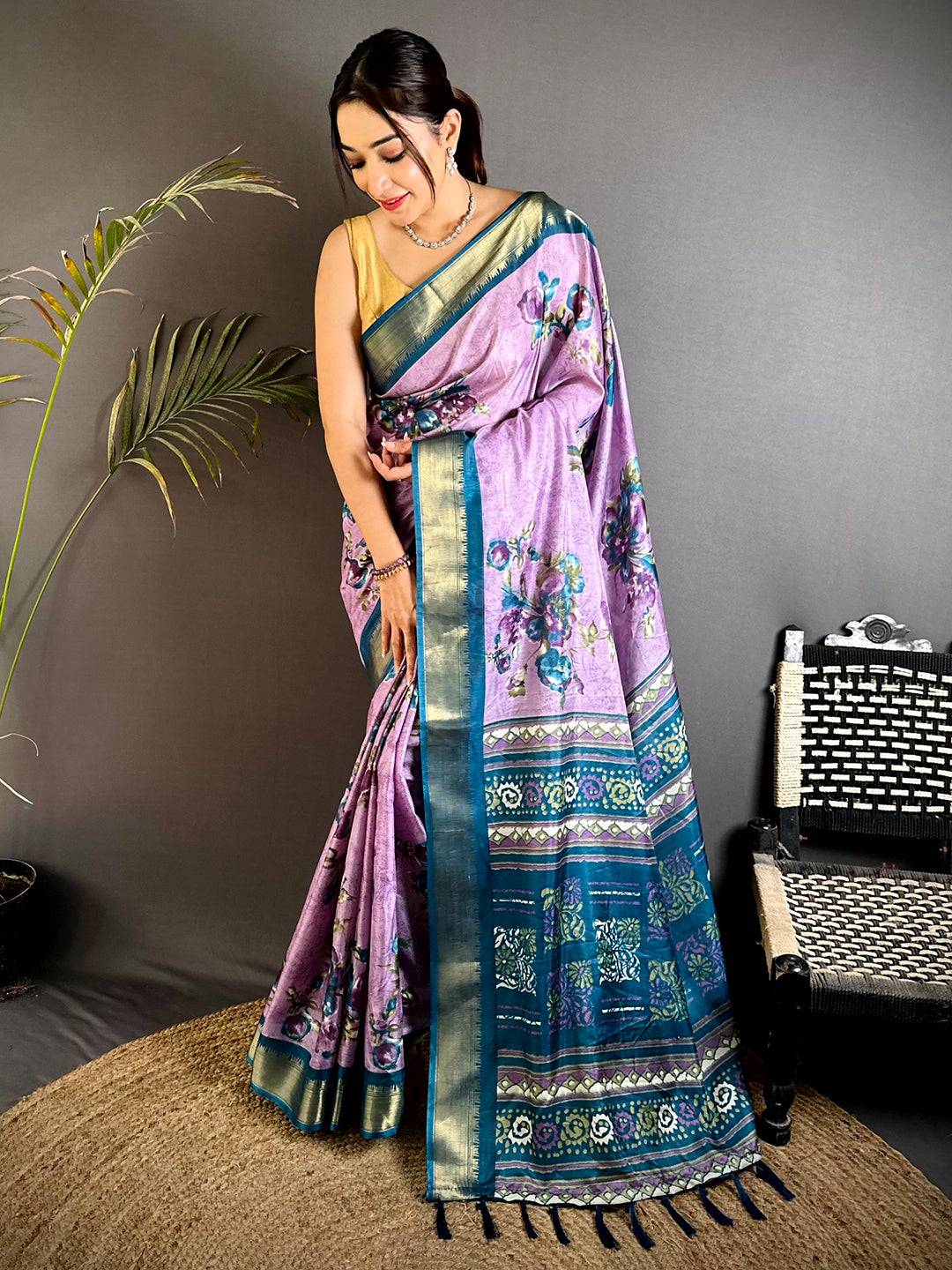 Royal Purple Floral Dola Silk Saree