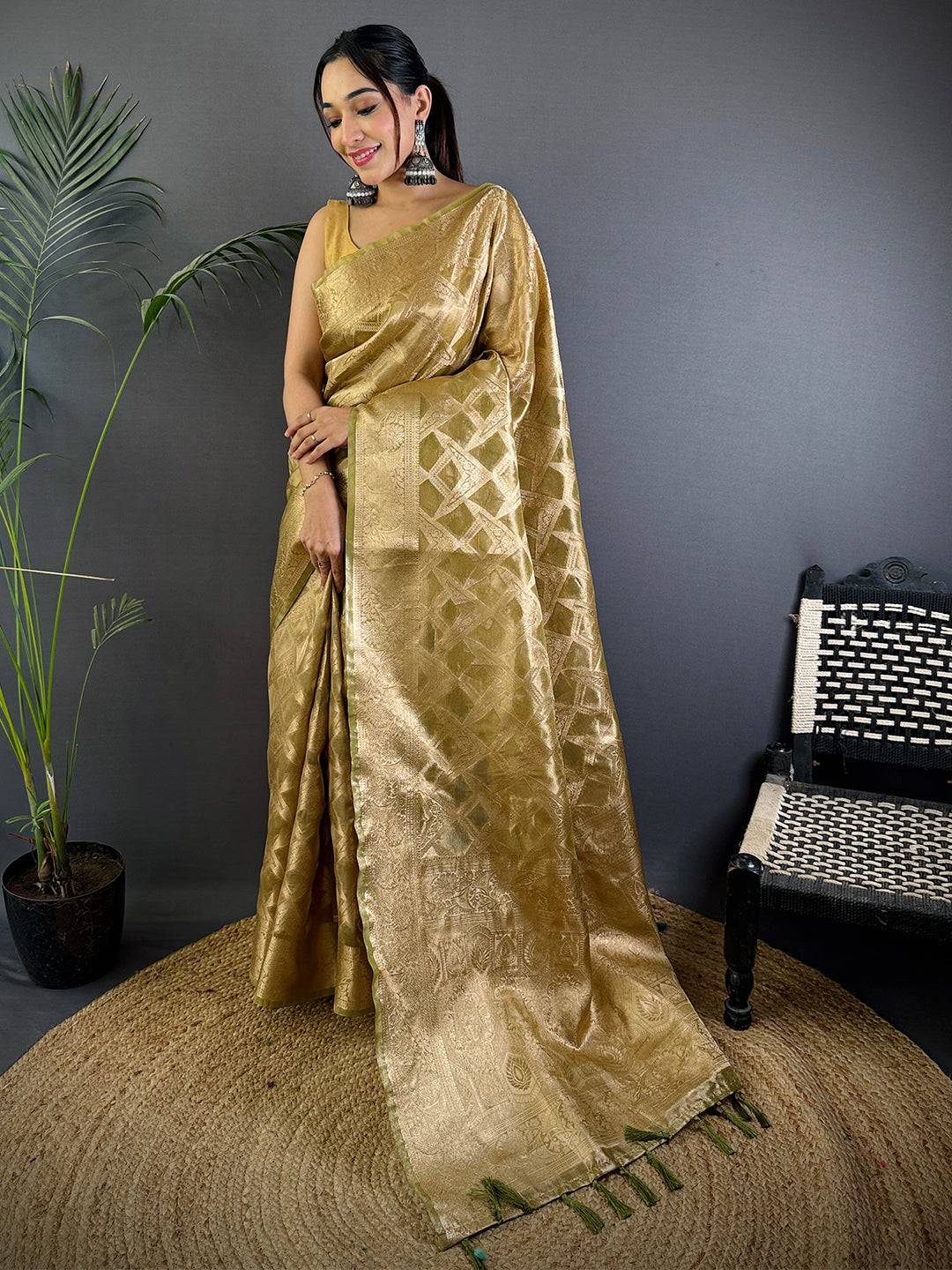 Olive Tissue Jarokha Zari Weaving Saree