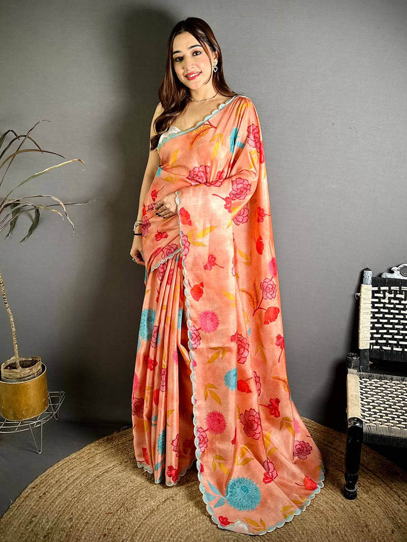 Tussar Floral Print Cutwork Border Saree