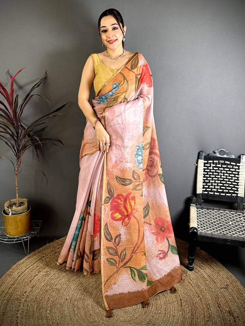 Peach Gold Zari Linen Chanderi Saree