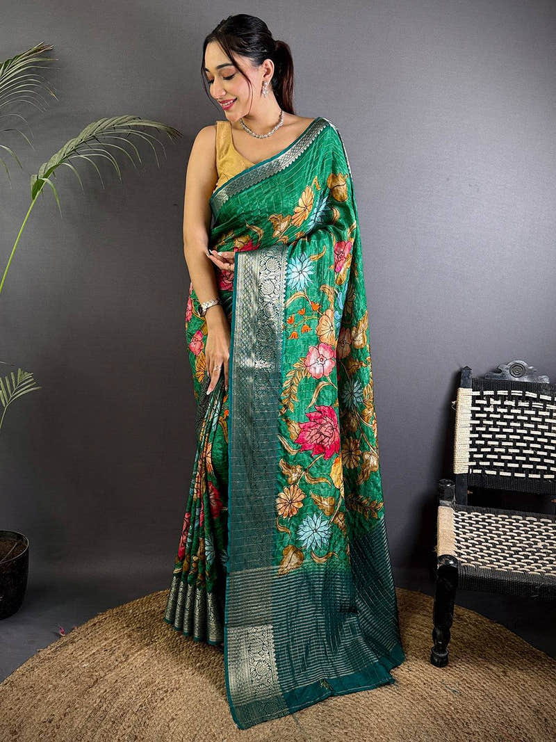 Deep Green Floral Printed Viscose Saree