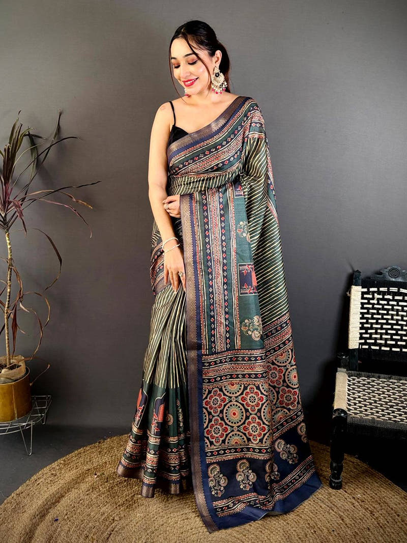 Radiant Block Ajrakh Print Soft Tussar Saree