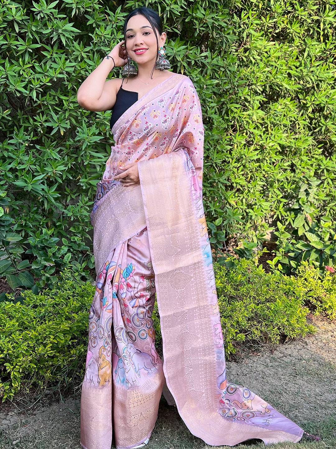 Tussar Silk Gold Colour Saree With Patola Prints and Delicate Tassels