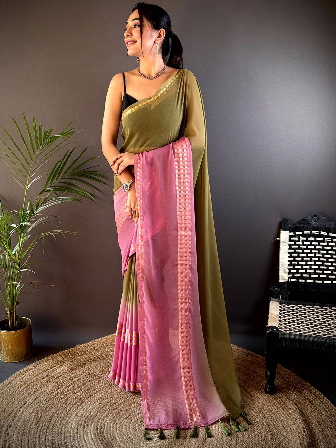 Olive Soft Georgette Concept Colour Saree