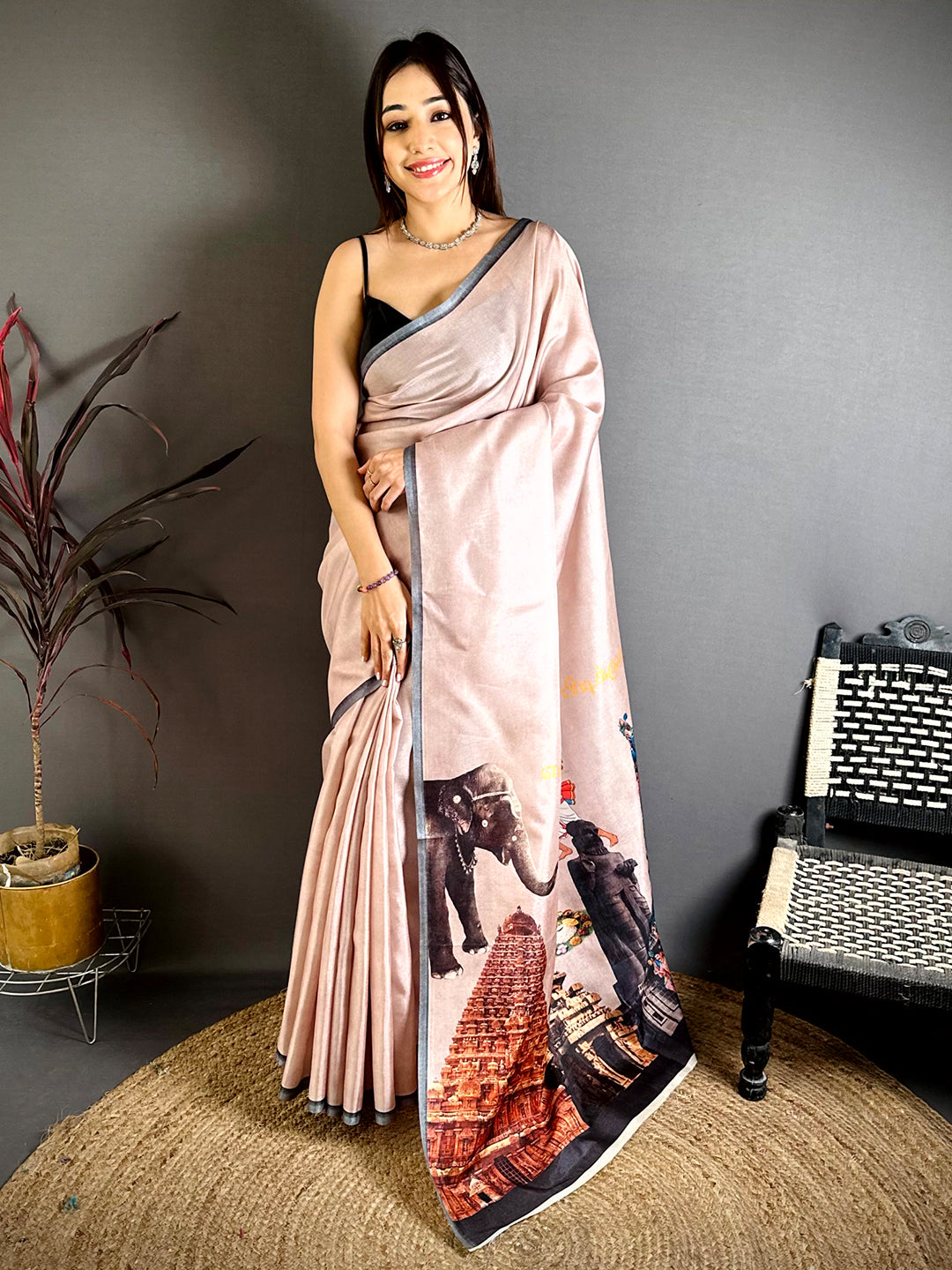 Vibrant Tamil Cultural Icons Digital Print saree
