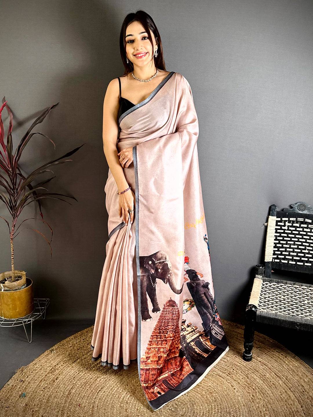 Vibrant Tamil Cultural Icons Digital Print saree