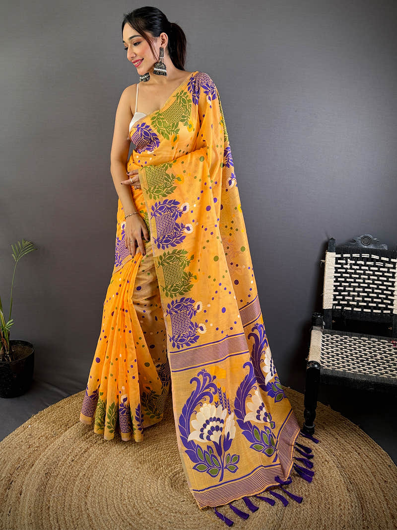 Yellow Dhakai Jamdani Cotton Silk Saree