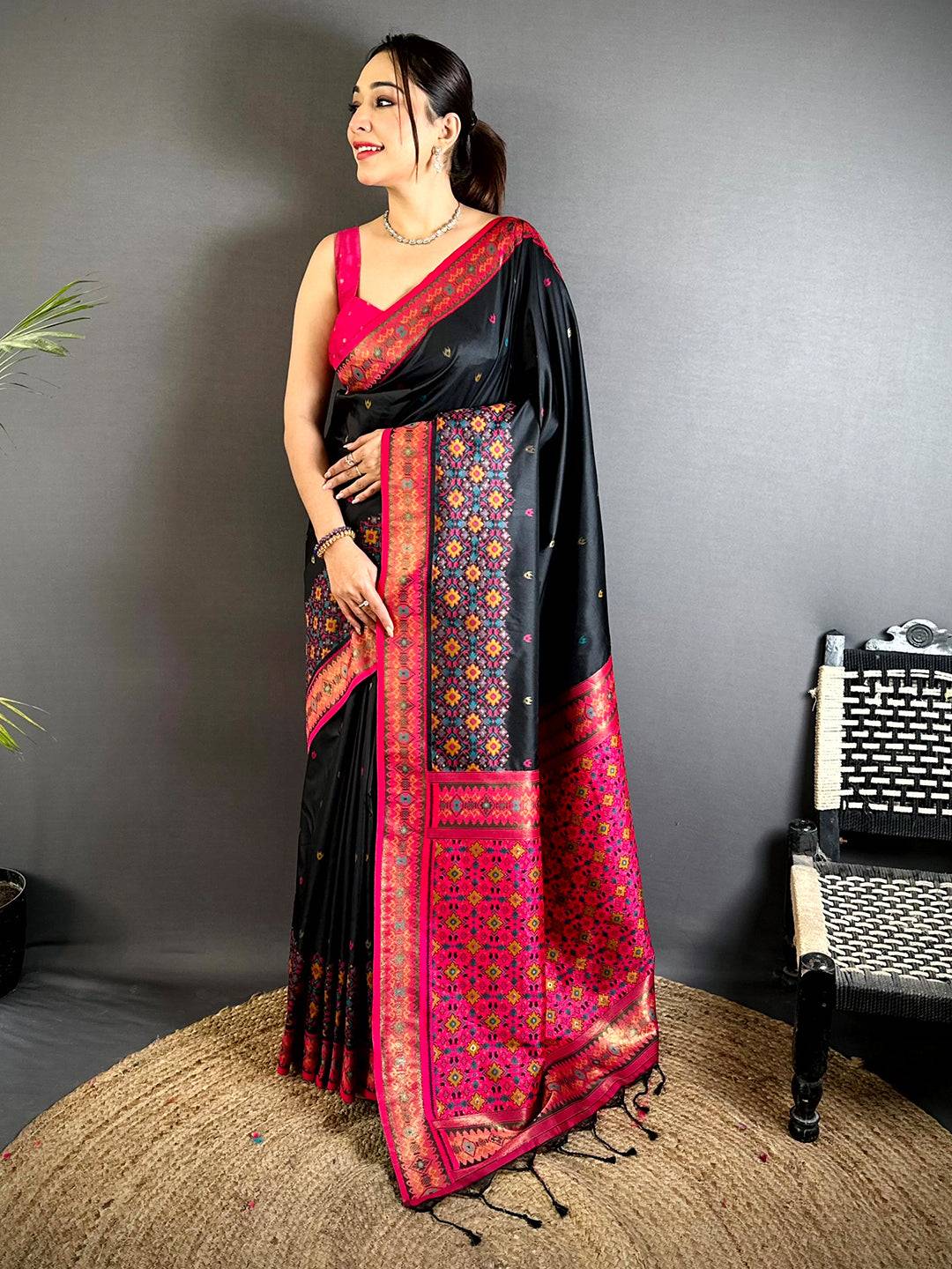 Black Double Ikat Soft Silk Saree