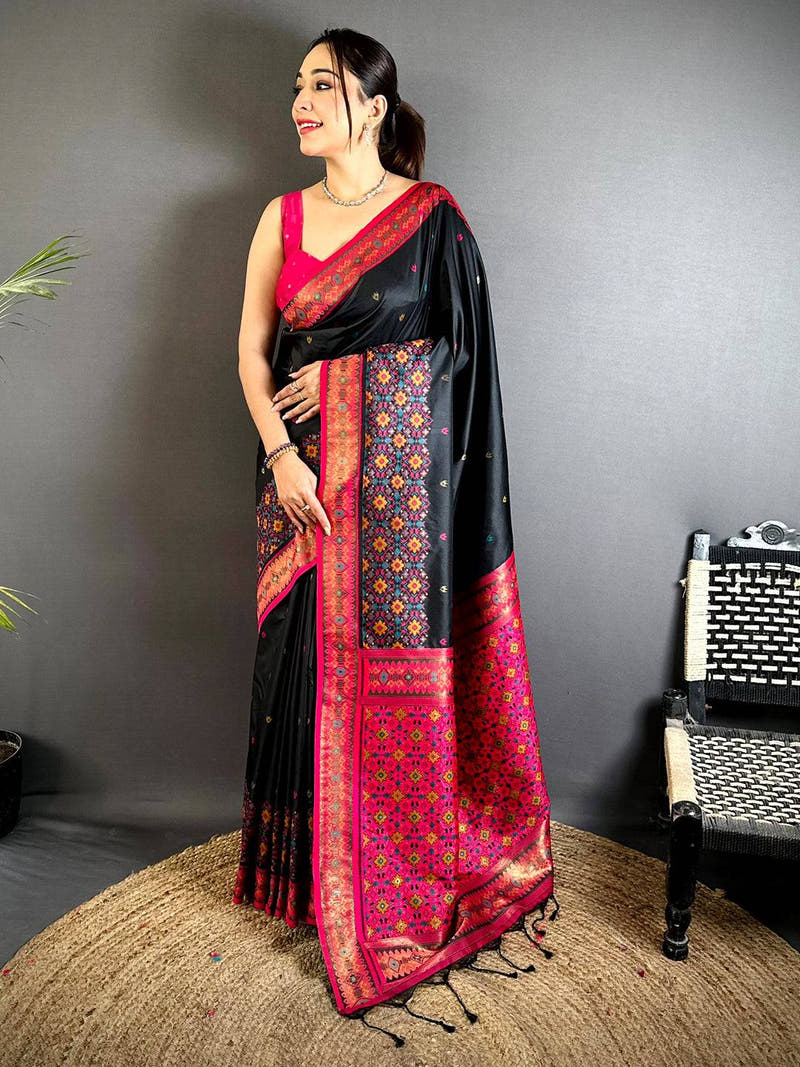 Black Double Ikat Soft Silk Saree