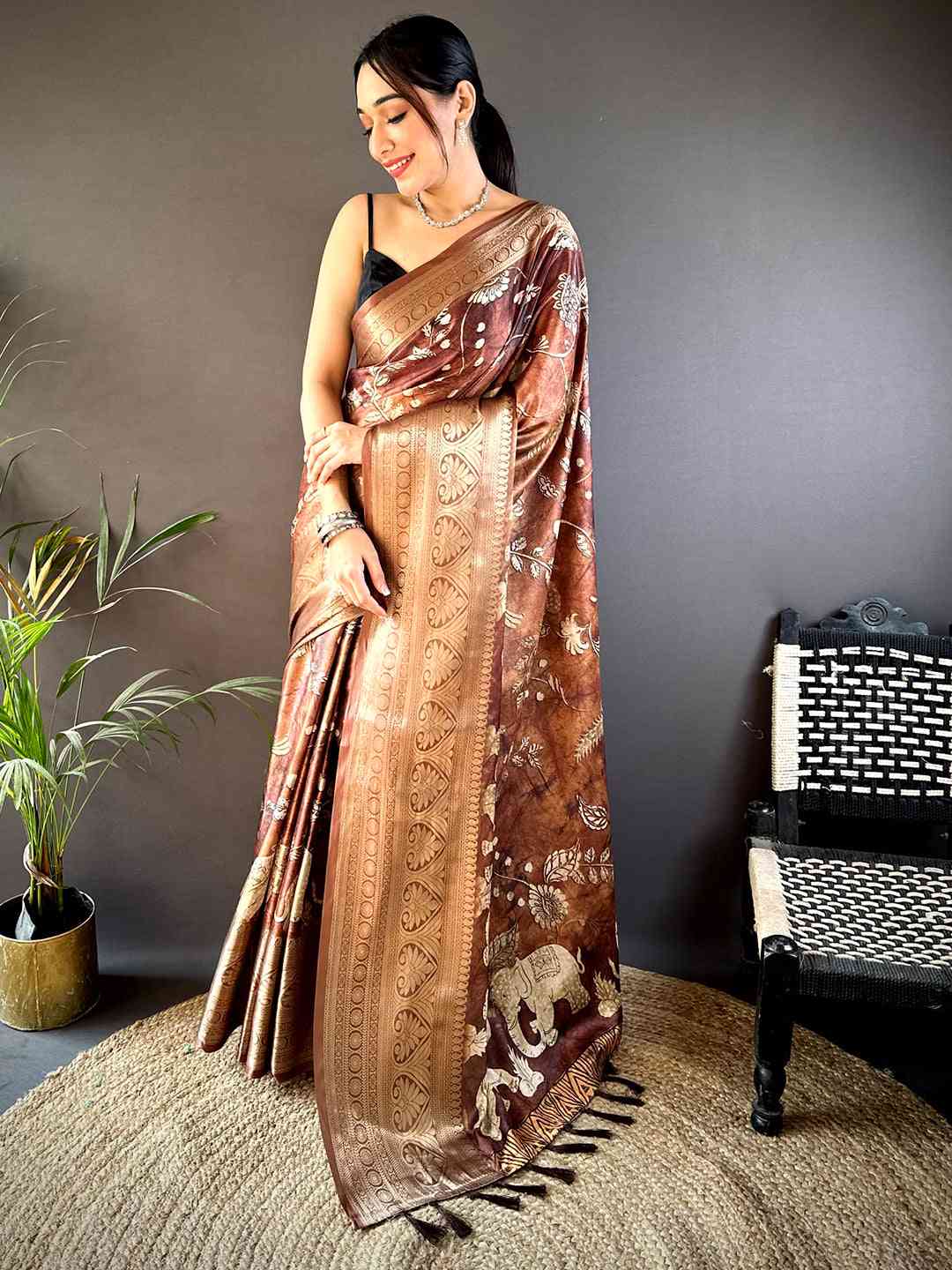 Brown Soft Silk Animal Bandhej Saree