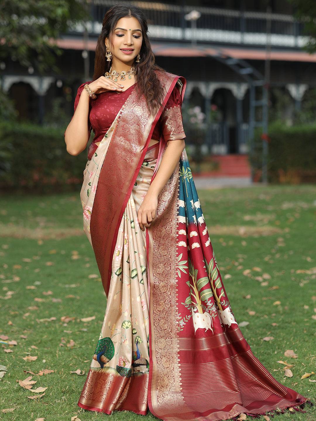 Viscose Dola Silk Beige Saree with Floral and Pichwai Print