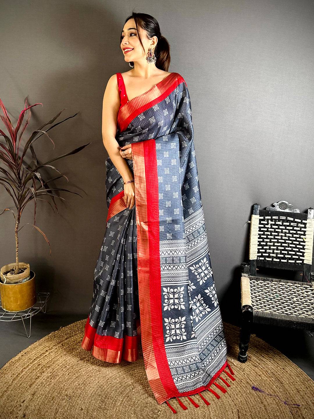 Artistic Tussar Black Zari Weave Saree