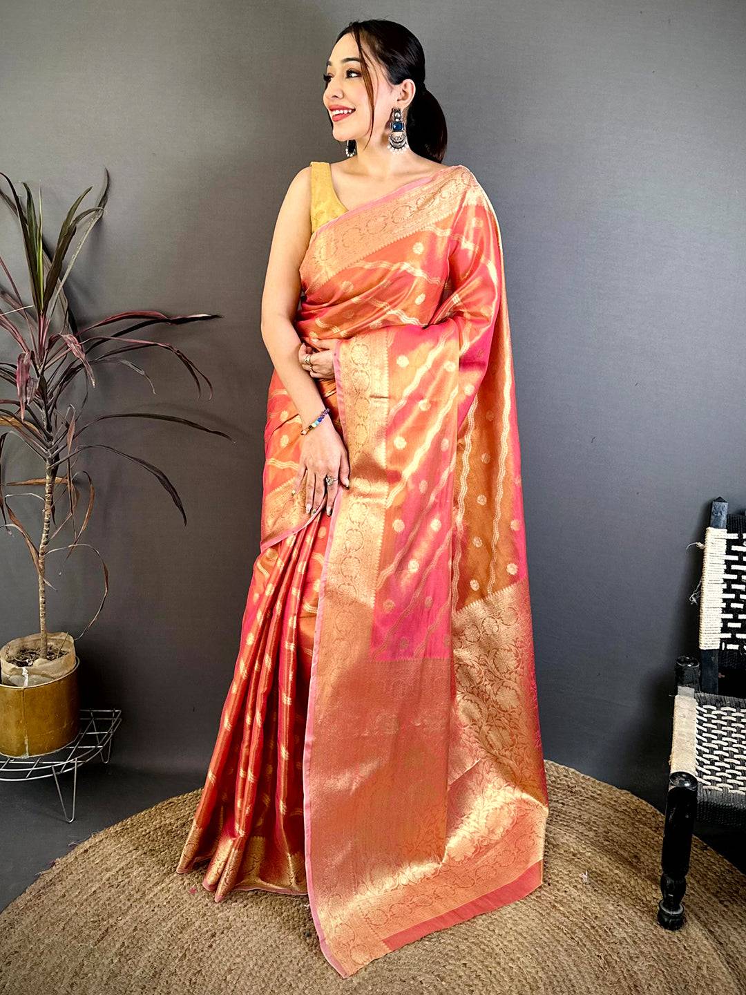Coral Glass Crush Tissue Leheriya Saree