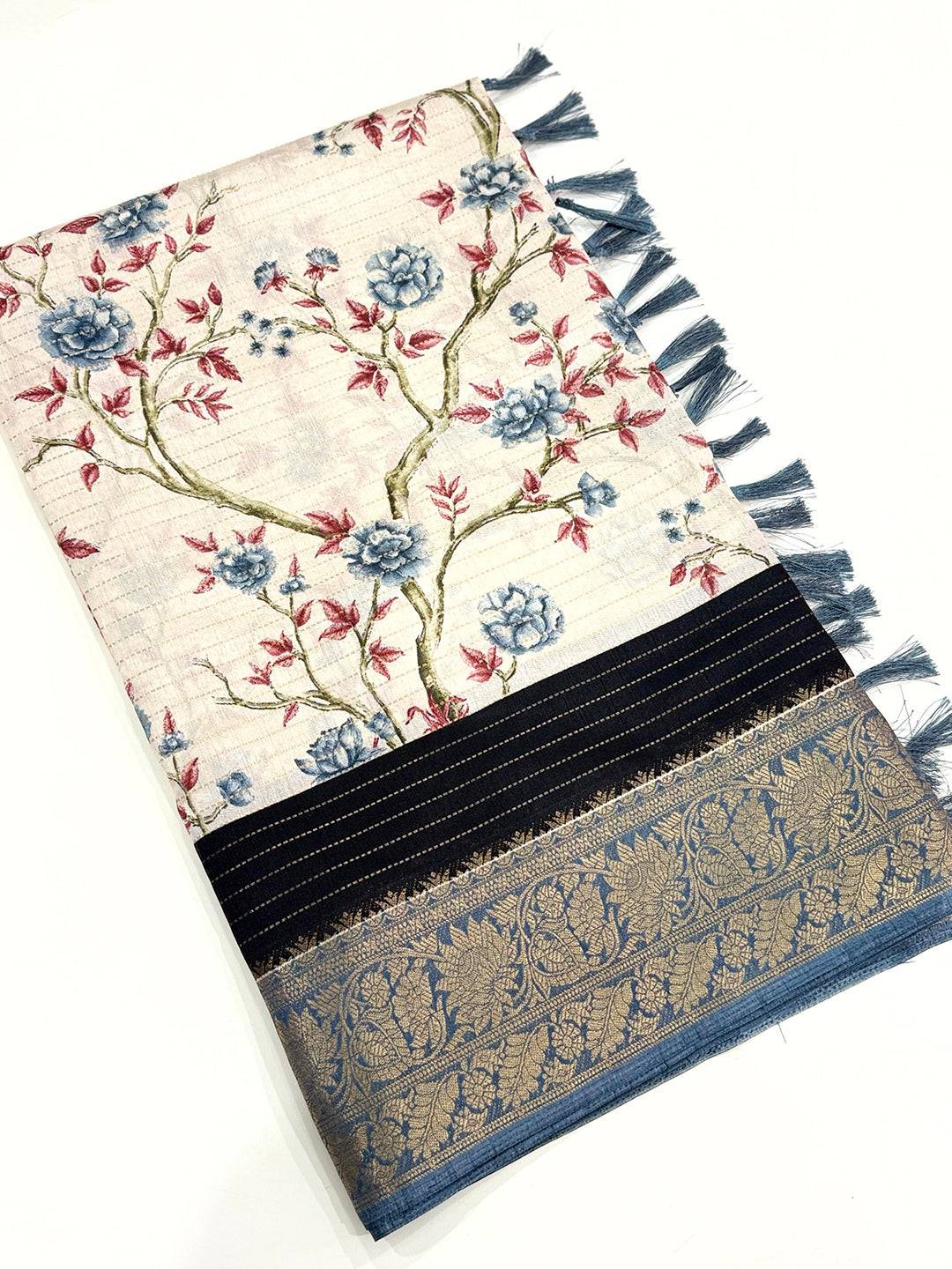 Grey Soft Dola Silk Zari Katha Saree