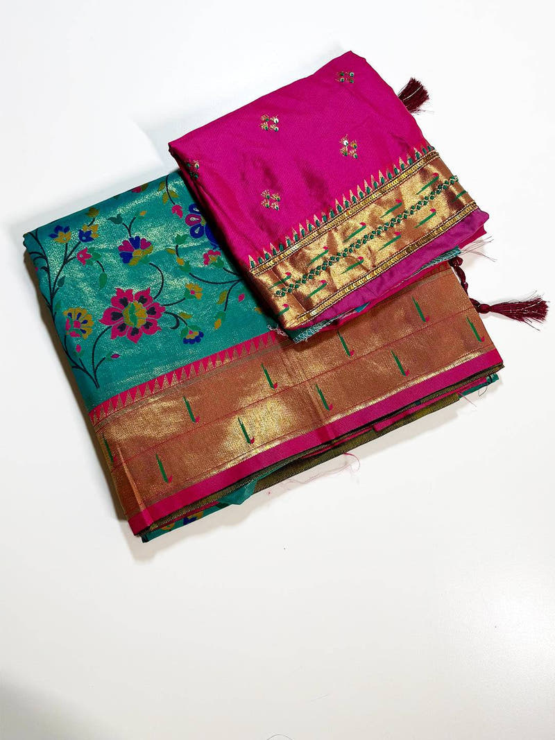 Rama Minakari Weave Soft Paithani Saree With Maggam Blouse