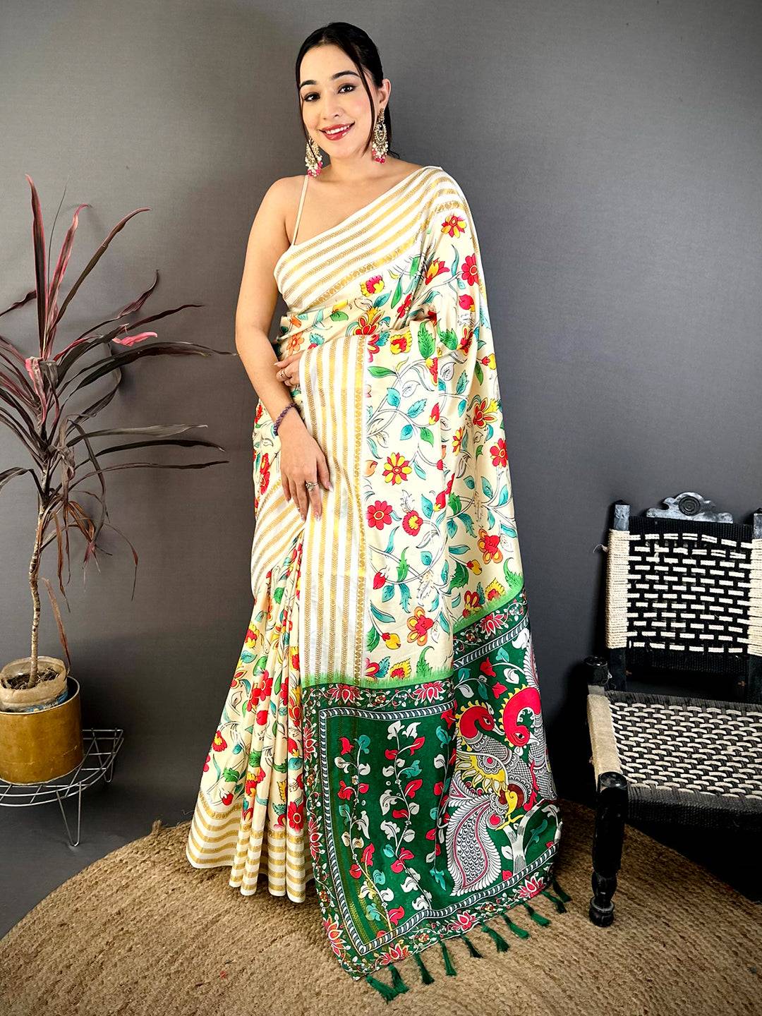 Royal Gold 5 Line Zari Kalamkari Saree