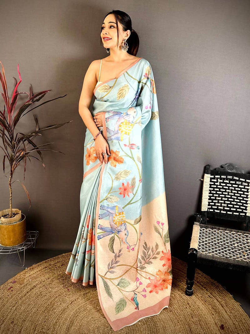 Sky Blue Tussar Floral Water Block Saree