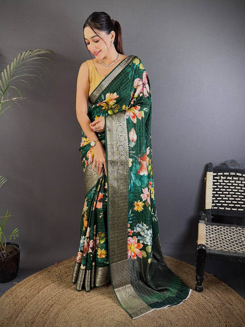 Deep Bottle Green Floral Digital Print Saree