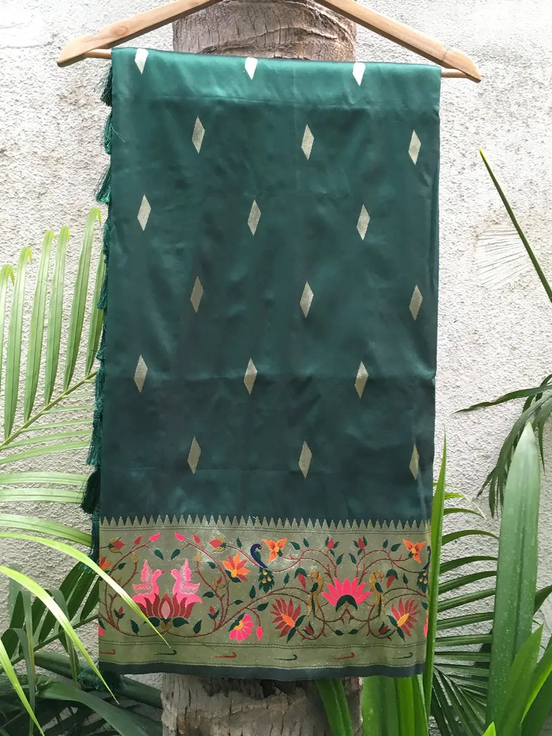 Green Yevla Paithani Meenakari Saree with intricate border