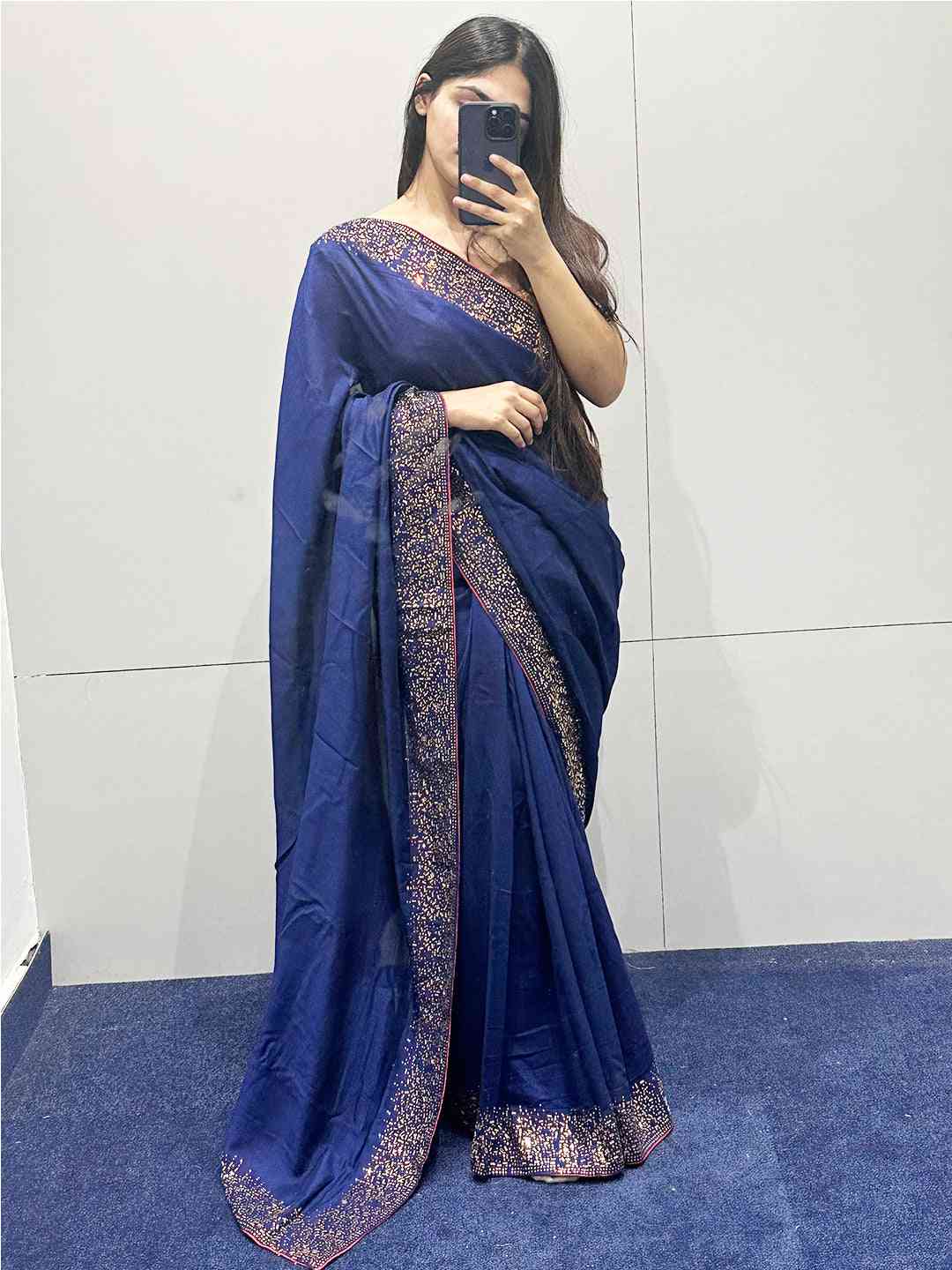 Stylish navy Vichitra silk saree with Swarovski accents
