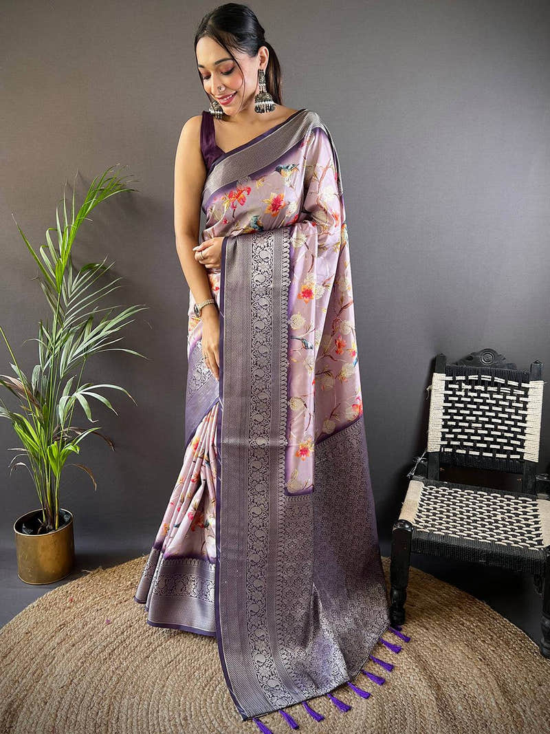 Aster Floral Birds Print Saree
