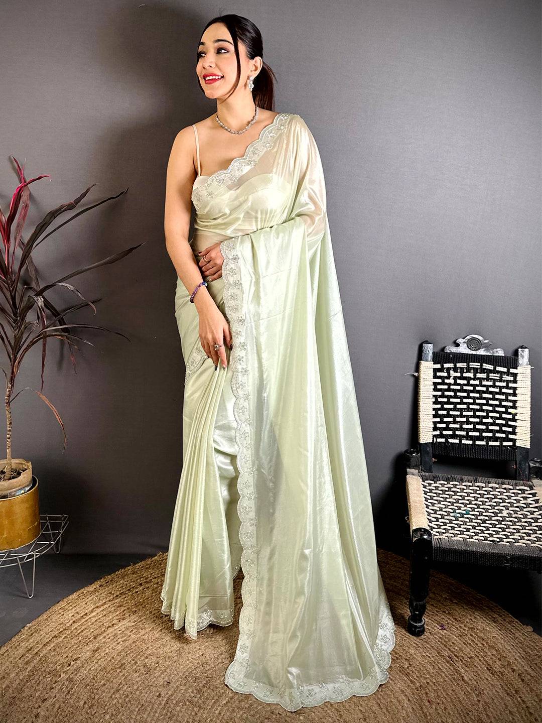 Stylish Silver Glass Swarovski Silk Saree