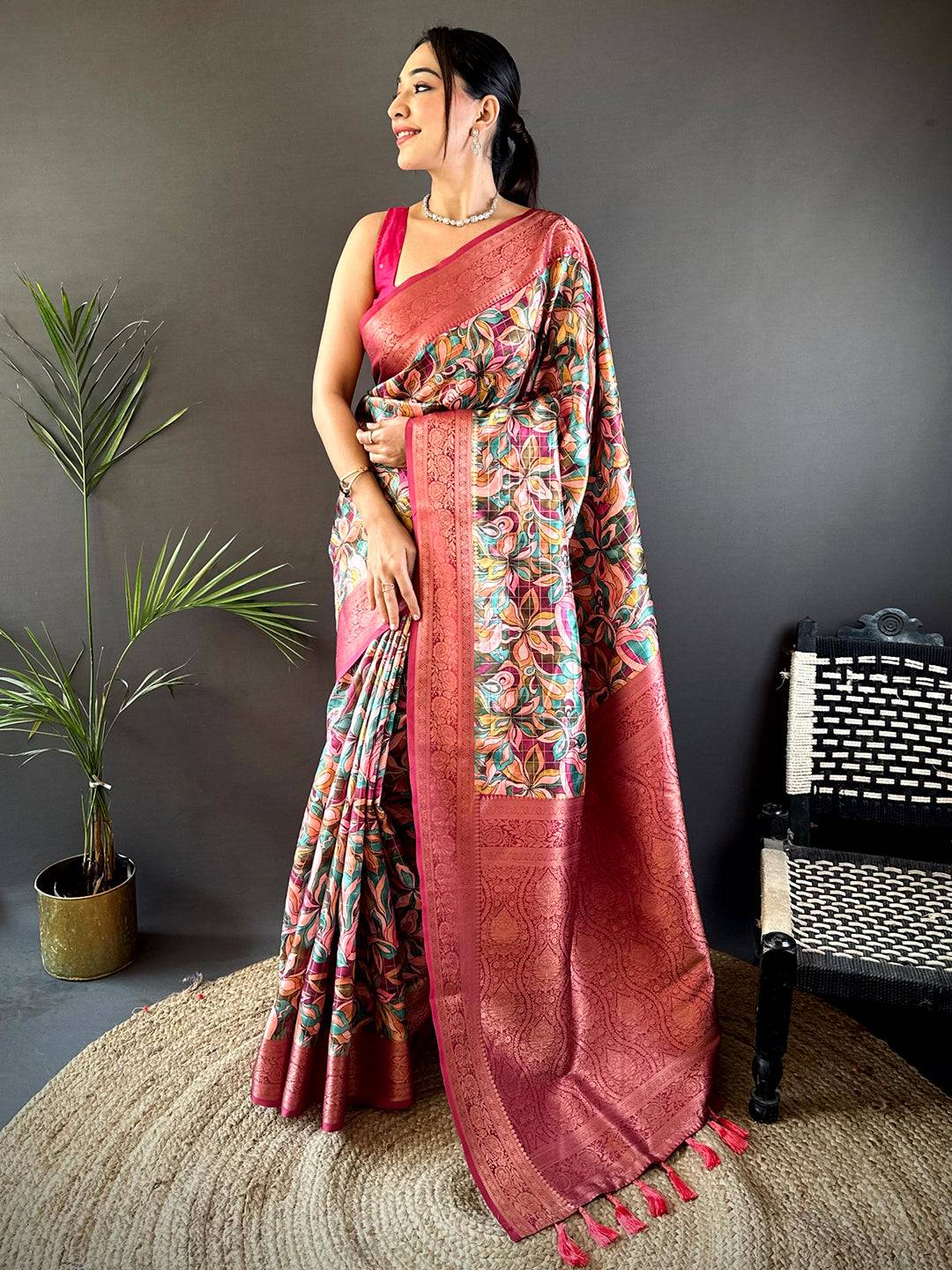 Red Soft Gadwal Pattu Geometric Saree