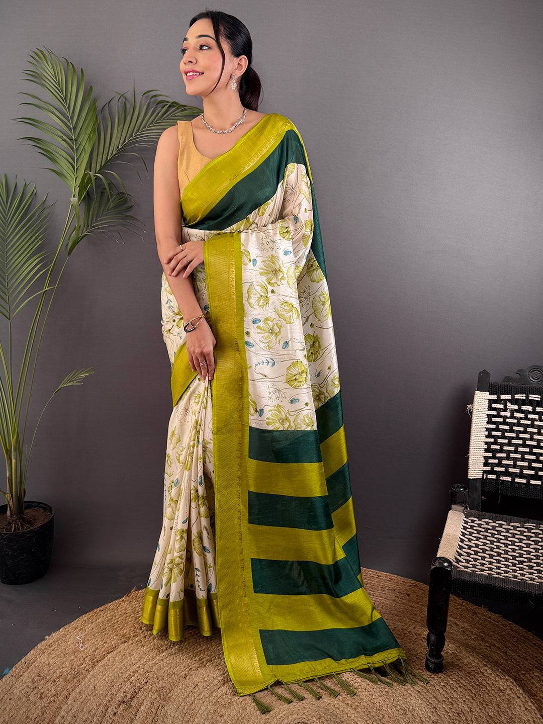 Olive Dola Silk Floral Print Saree