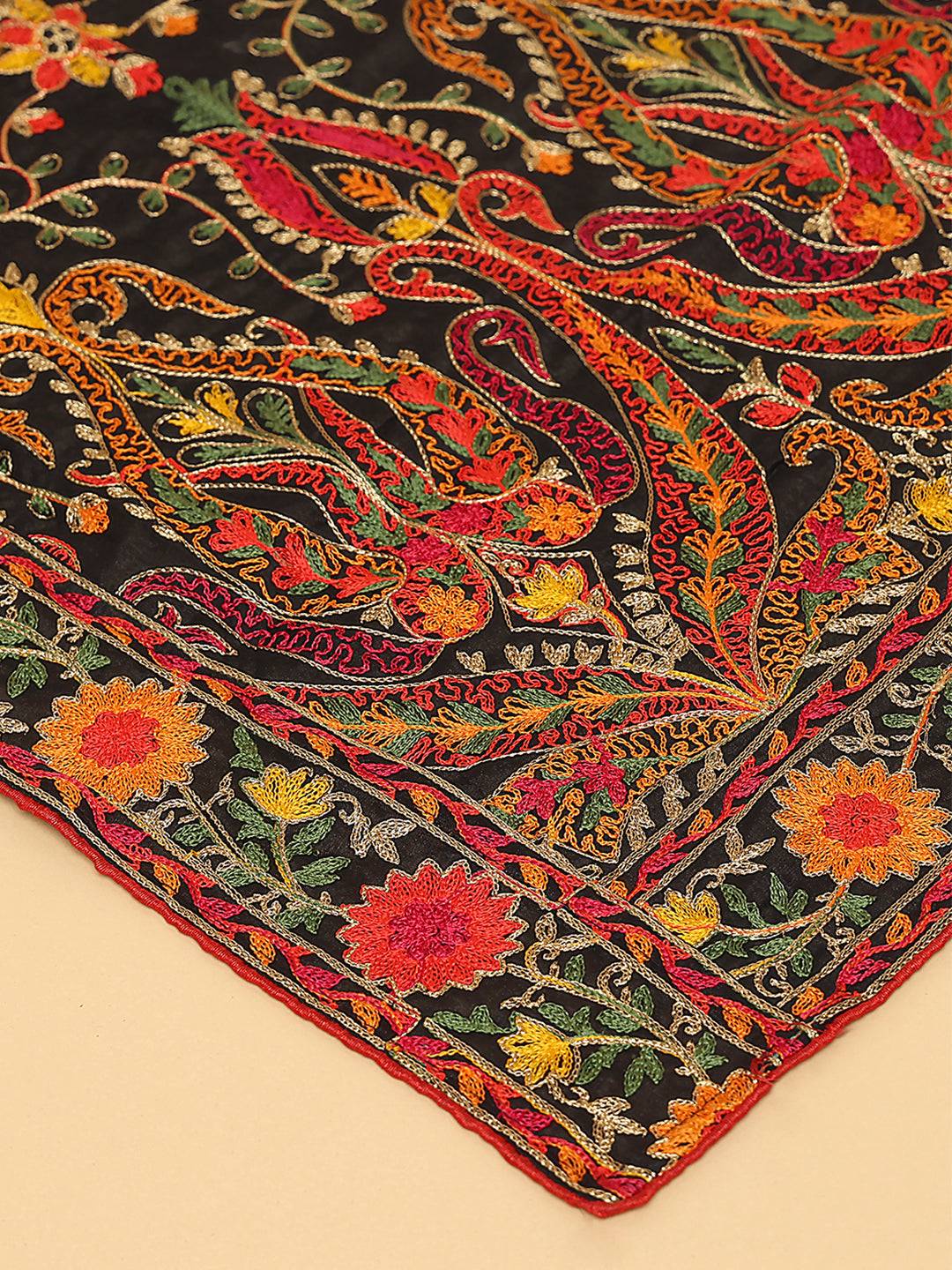 Close-up of intricate threadwork on Black Pashmina Dupatta