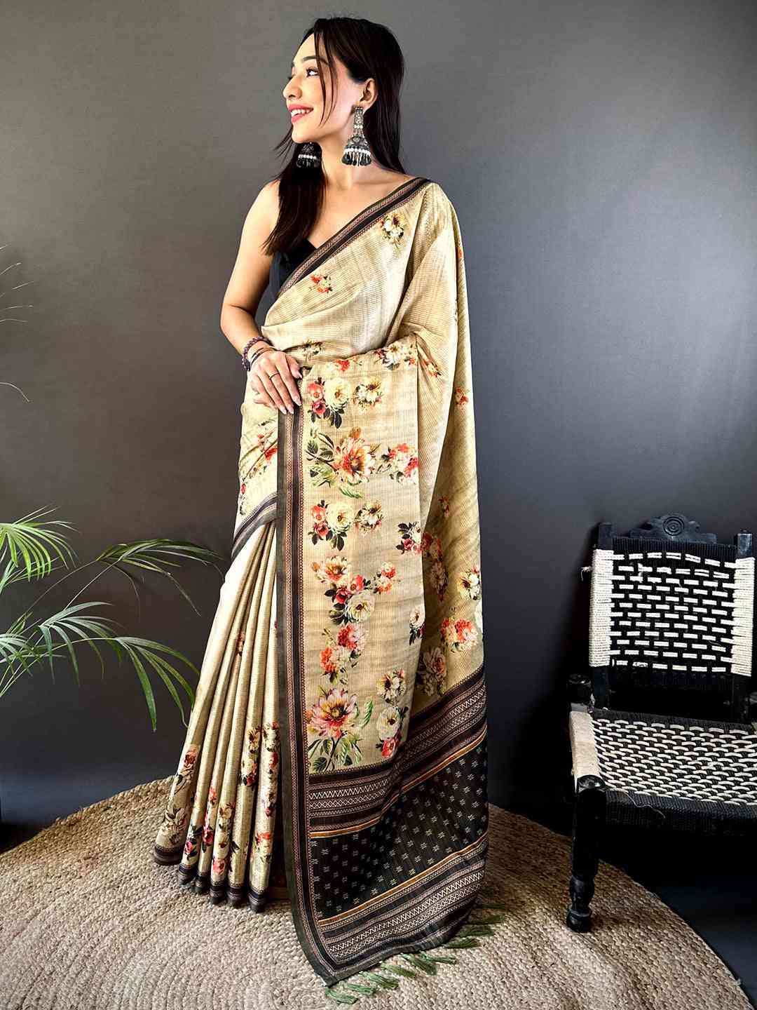 Floral Beauty in Beige Tussar Zari Saree