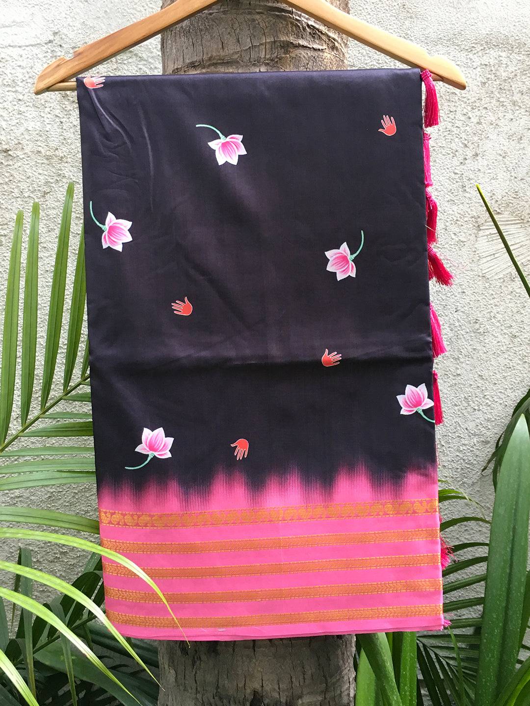 Lotus Print Black Silk Saree with Pink Zari Border