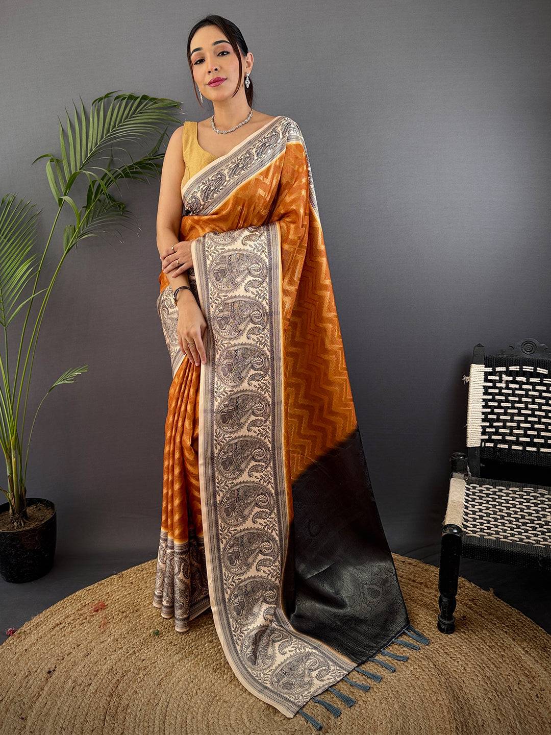 Rust Orange Madhubani Print Soft Silk Saree
