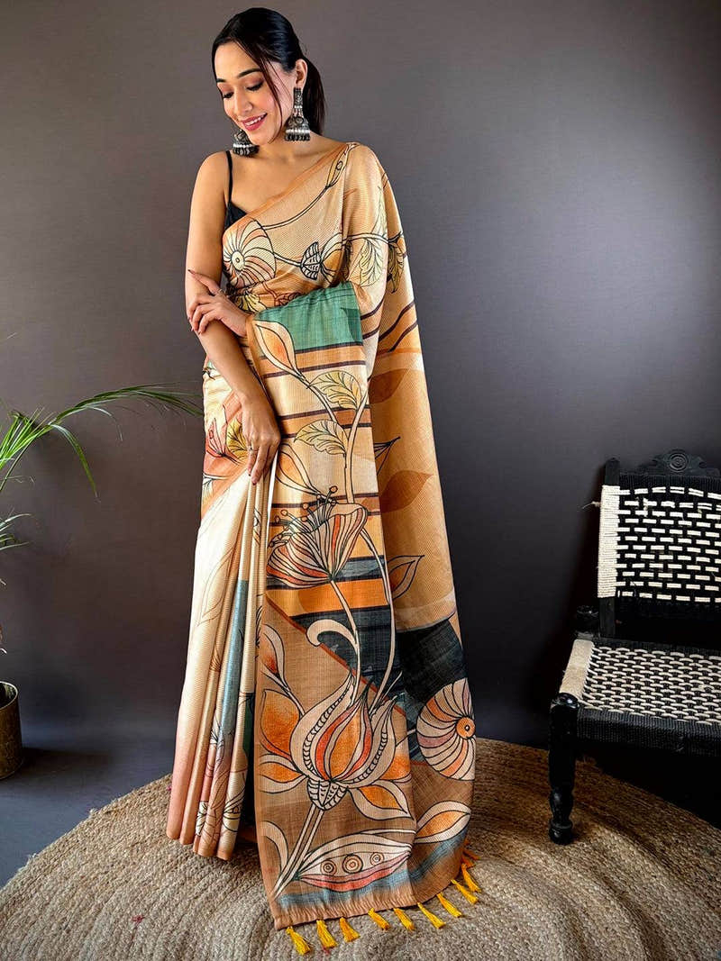 Peach Zari Tussar Printed Saree