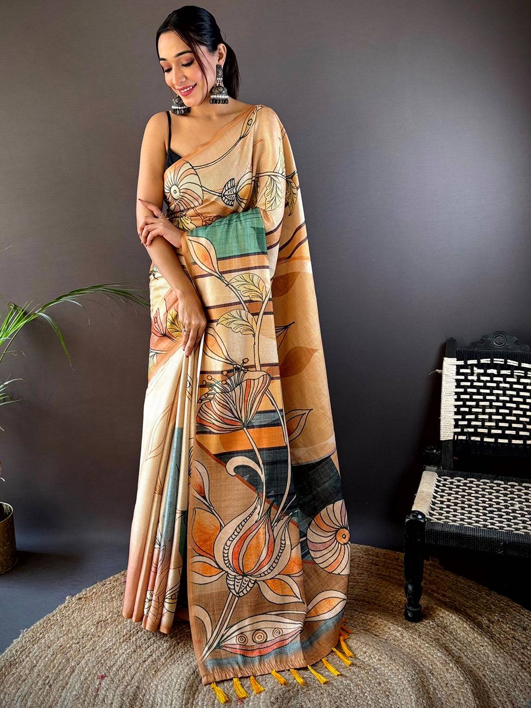 Peach Zari Tussar Printed Saree
