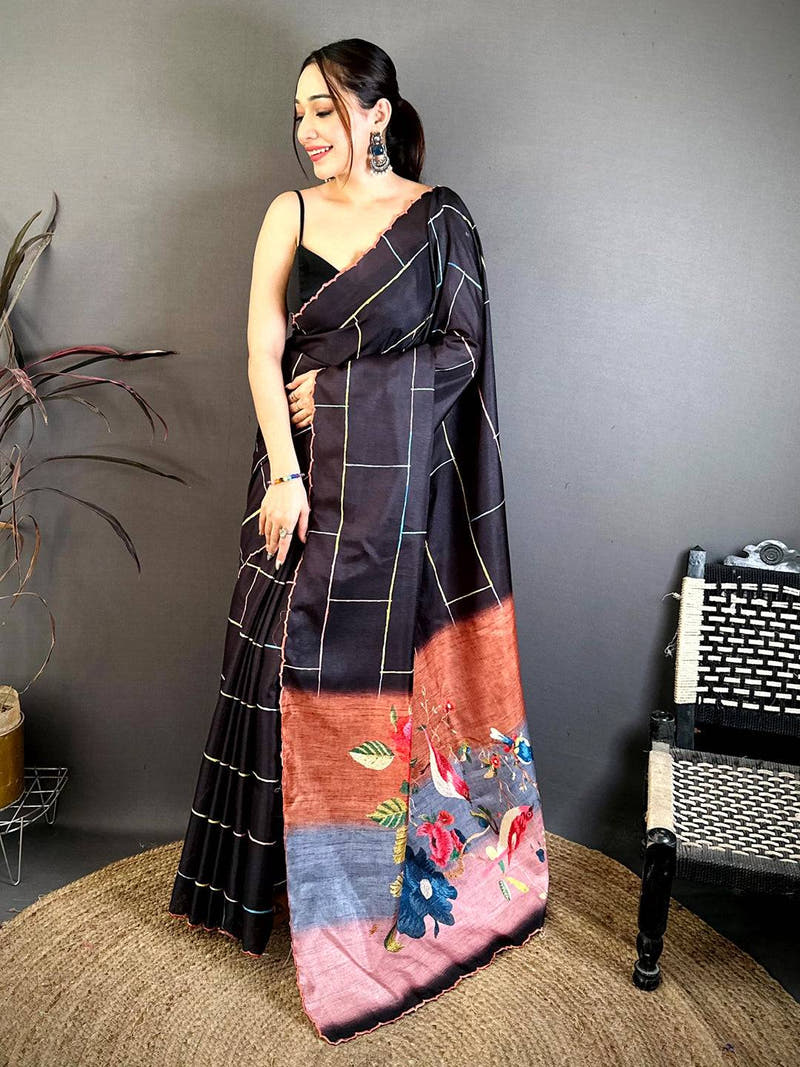Royal Floral Embroidery Tussar Saree
