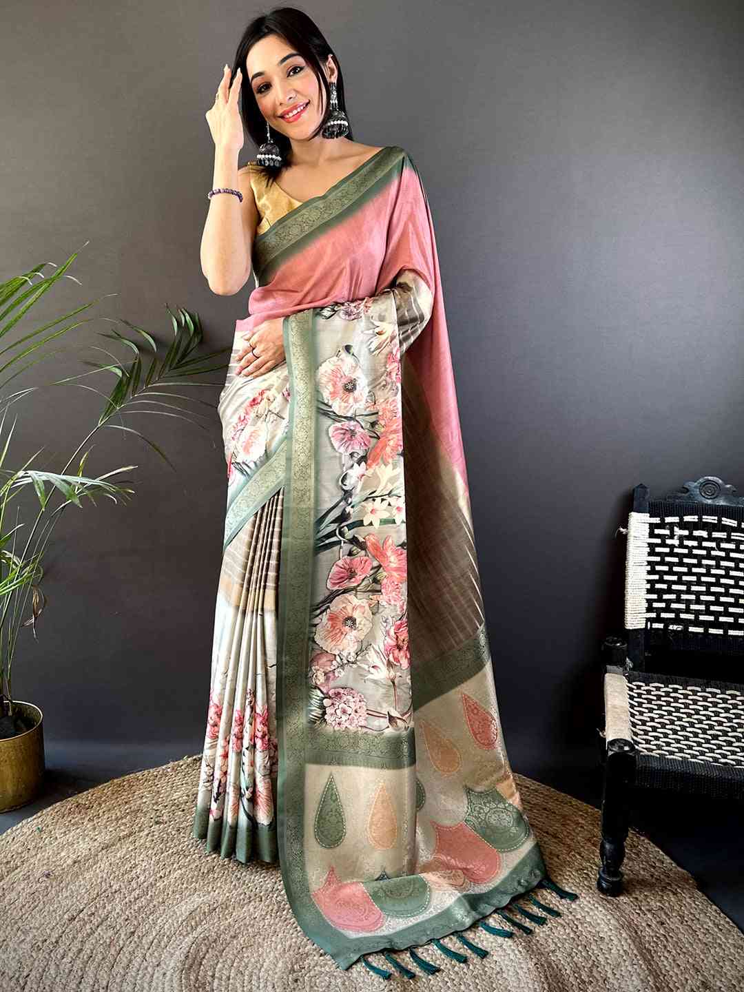 Pink Soft Silk Placement Digital Print Saree
