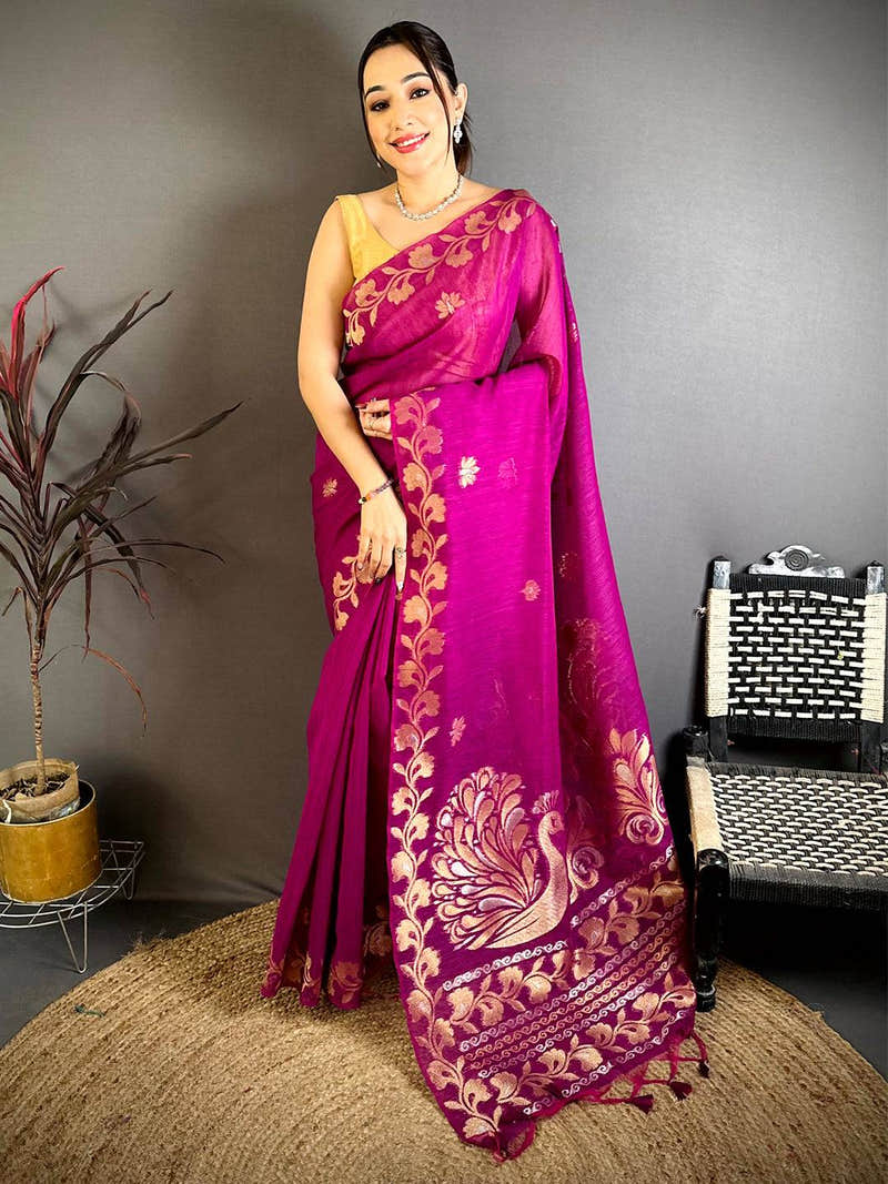 Wine Peacock Zari Munga Saree