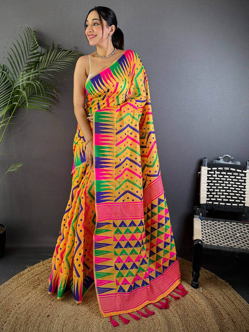 Mustard Yellow Dhakai Cotton Jamdani Saree