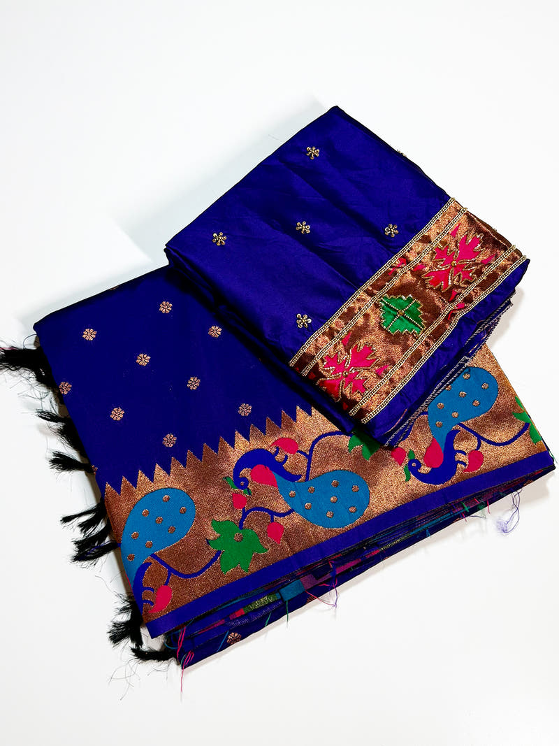 Navy Yeola Paithani Soft Silk Saree With Maggam Blouse