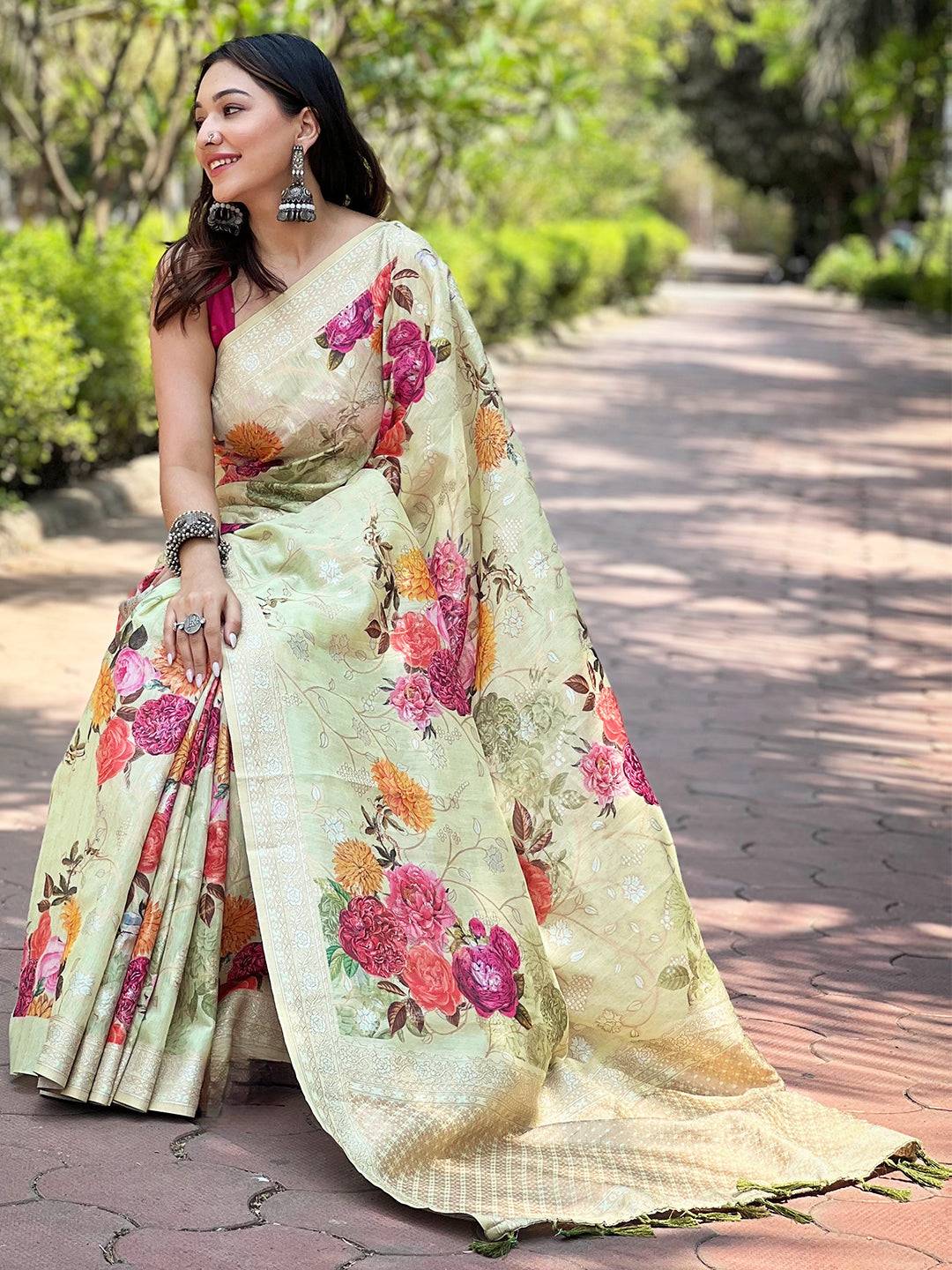 Pista Lakhnavi Bandla Zari Saree draped elegantly on model
