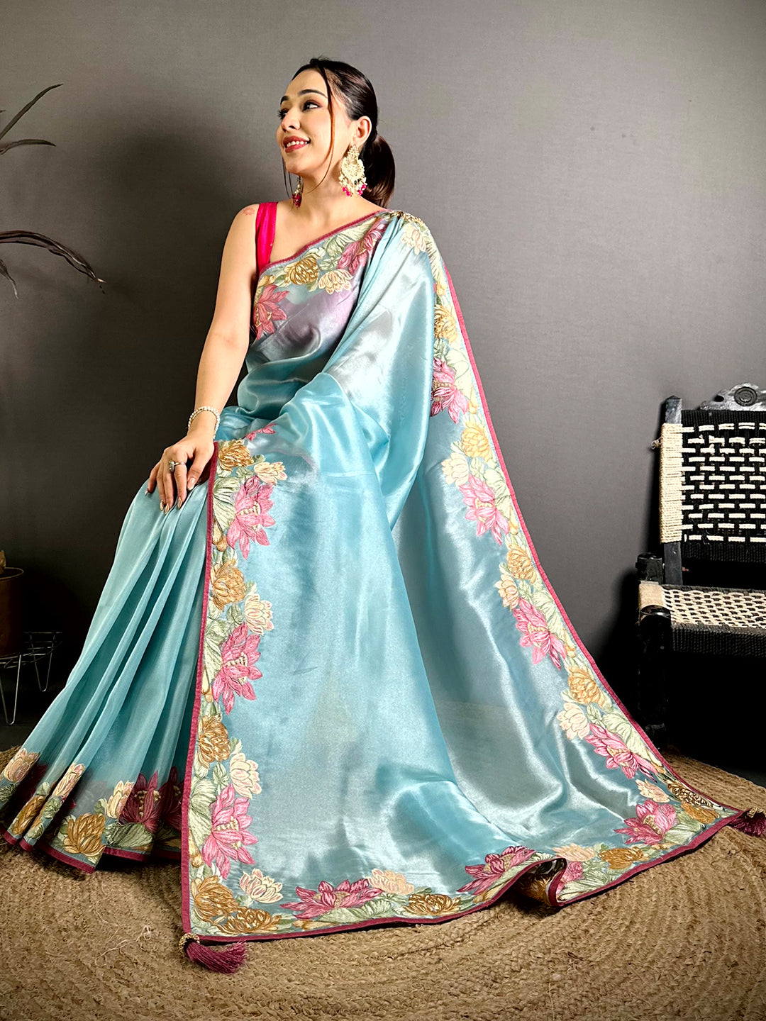 Sky Blue Silky Tissue Resham Border Saree