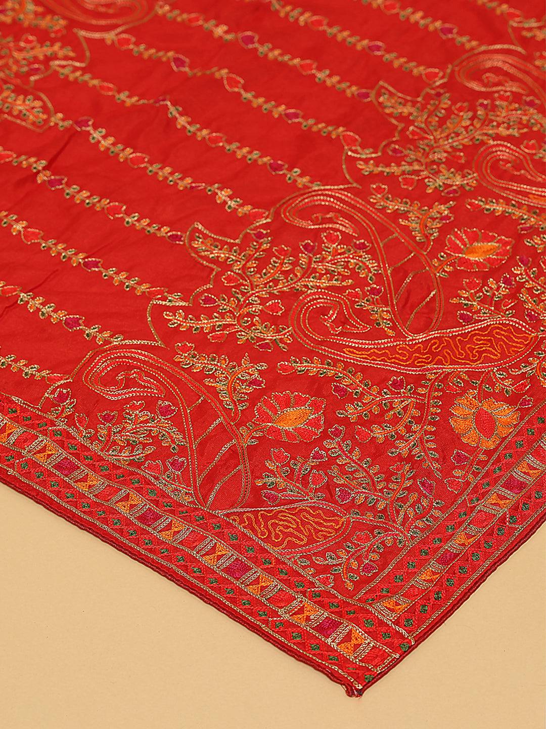 Close-up of threadwork on red poly chiffon dupatta