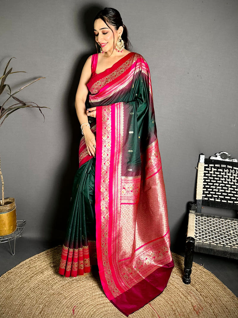 Gold Zari Woven Bottle Green Soft Silk Saree