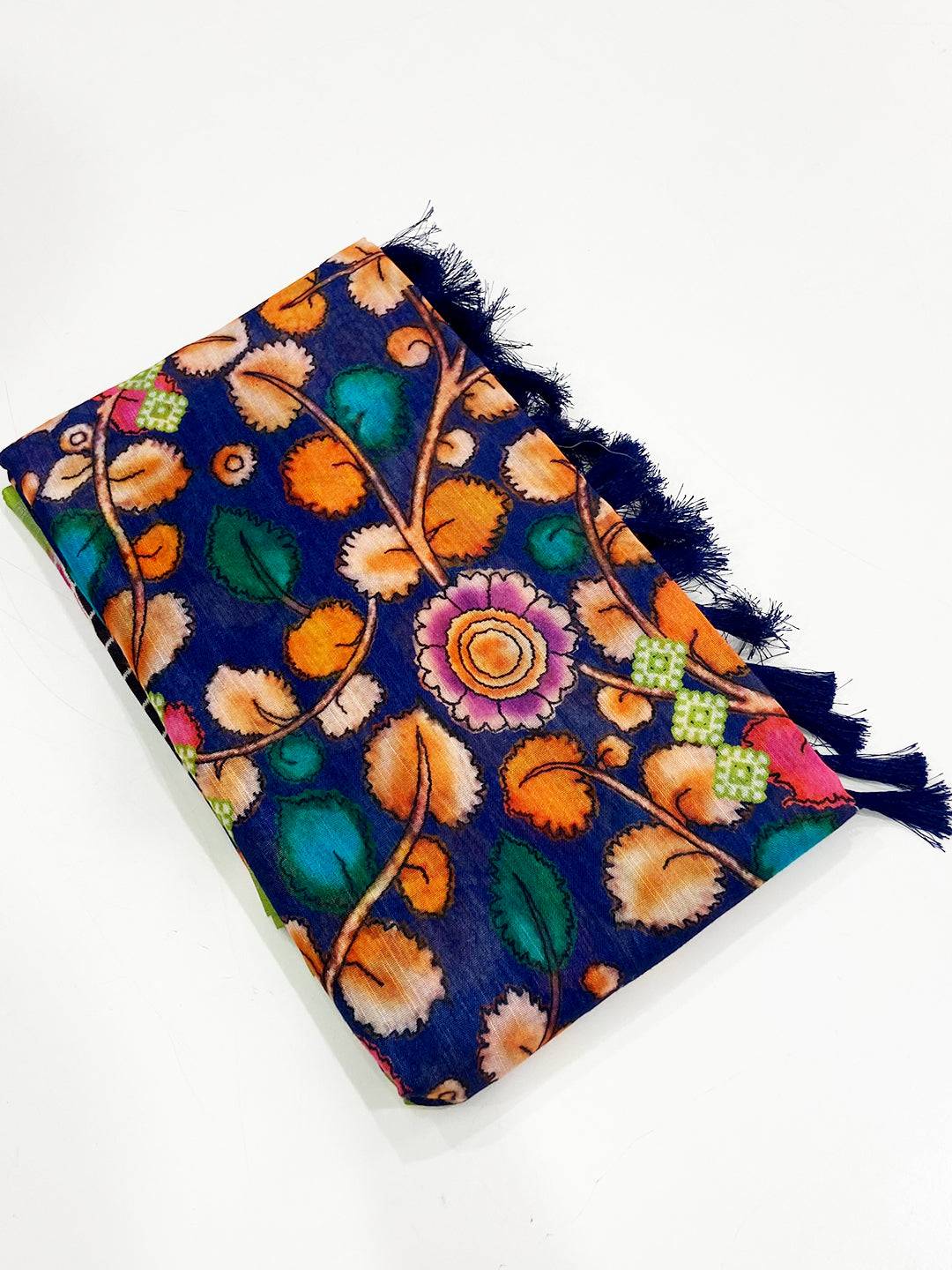 Navy Blue Linen Floral Kalamkari Print Saree