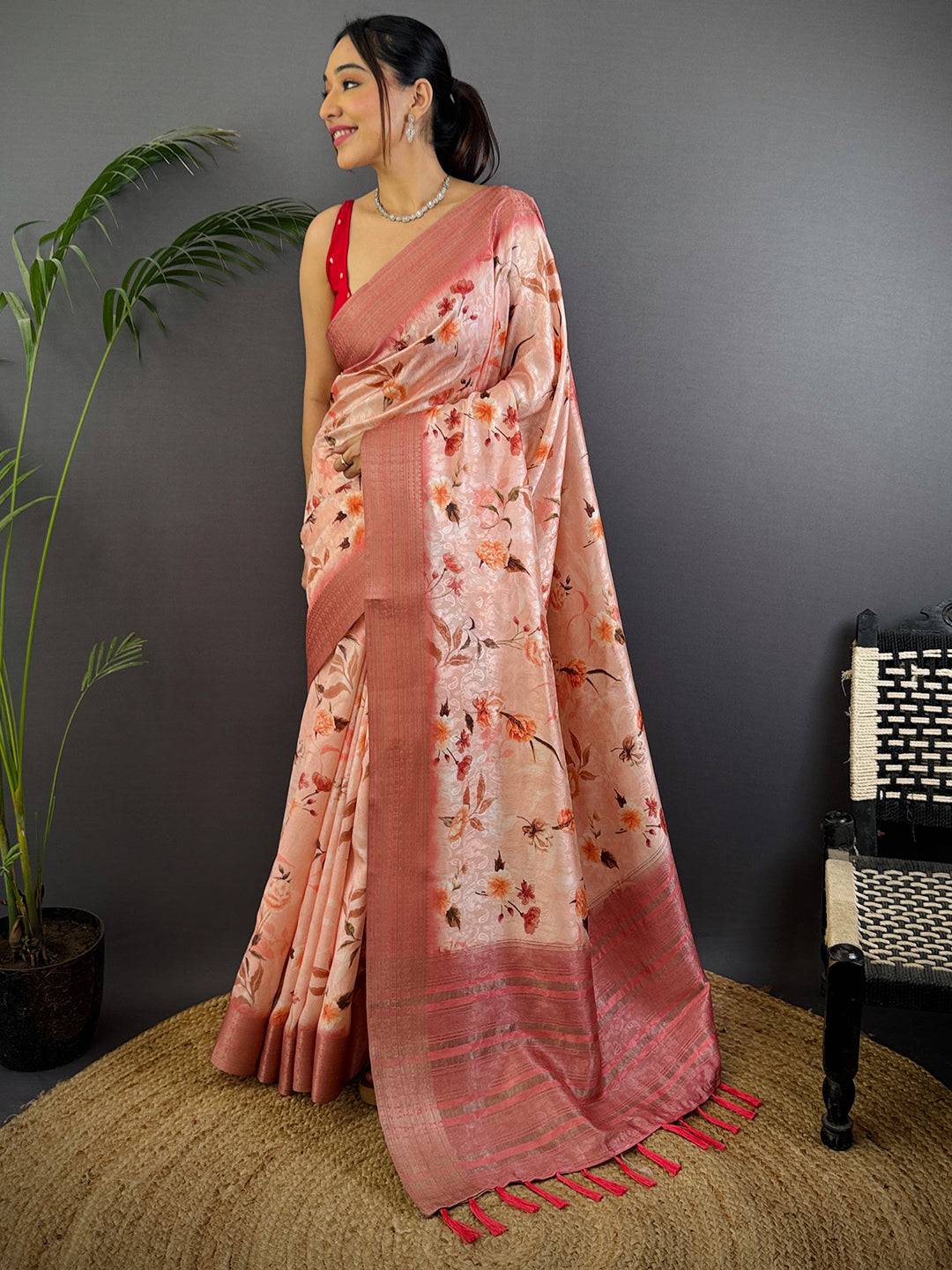 Peach Digital Print Soft Dola Silk Saree